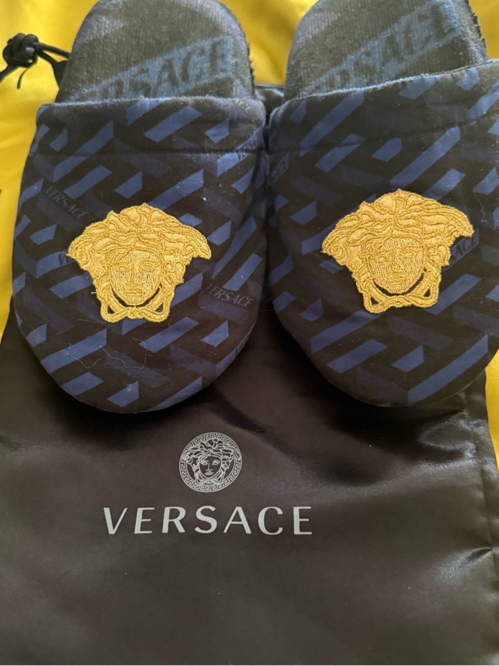 Versace Black & Yellow Logo Tag Close-Up